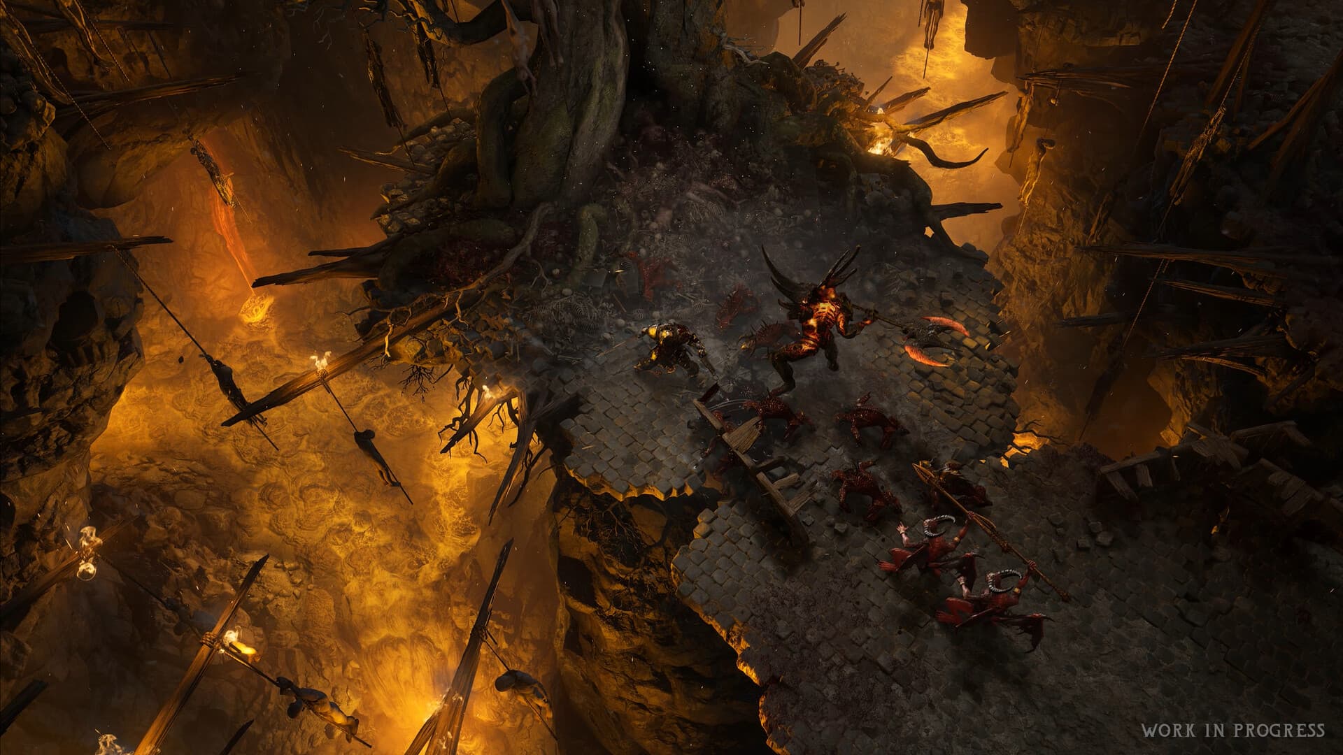 Wolcen 2 combat on a stone bridge above amber-lit depths, with the original work-in-progress marking.